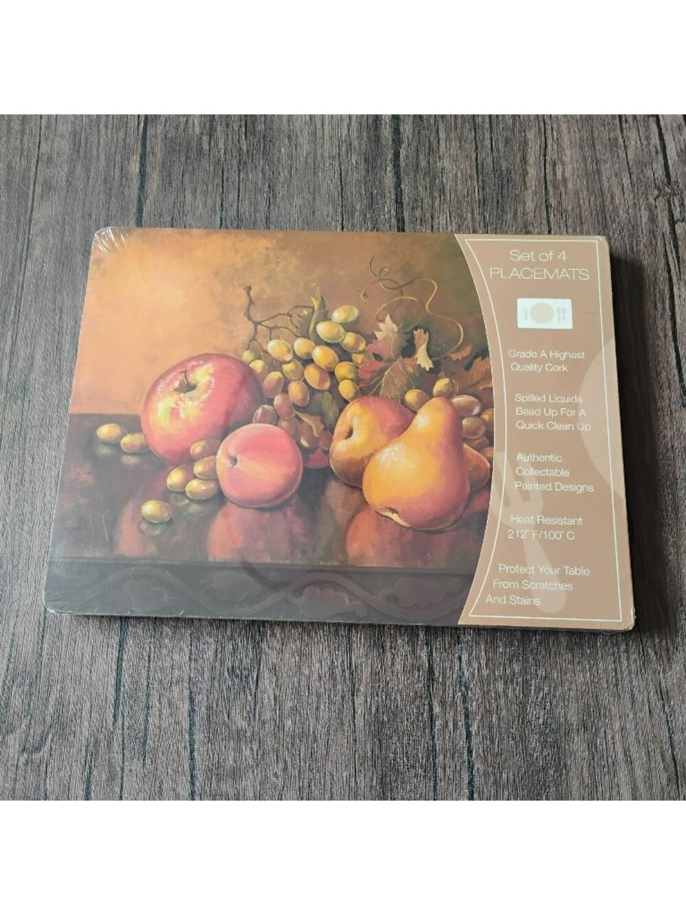 Set Of 4 Cork Placemats With Fruit Design Heat Resistant NEW